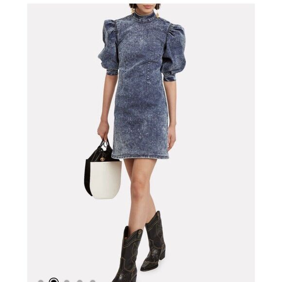 GANNI 90's Acid Wash Stretch Denim Puff Sleeve Mock Neck Cult Mini Dress Size 36 - Picture 4 of 16